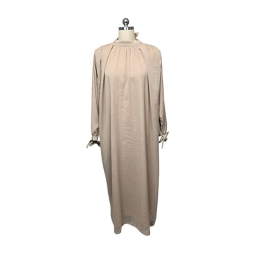 PODUR Dress Womens 52 Beige Tie Neck Long Sleeve Maxi Modest Shimmer Bow Cuffs